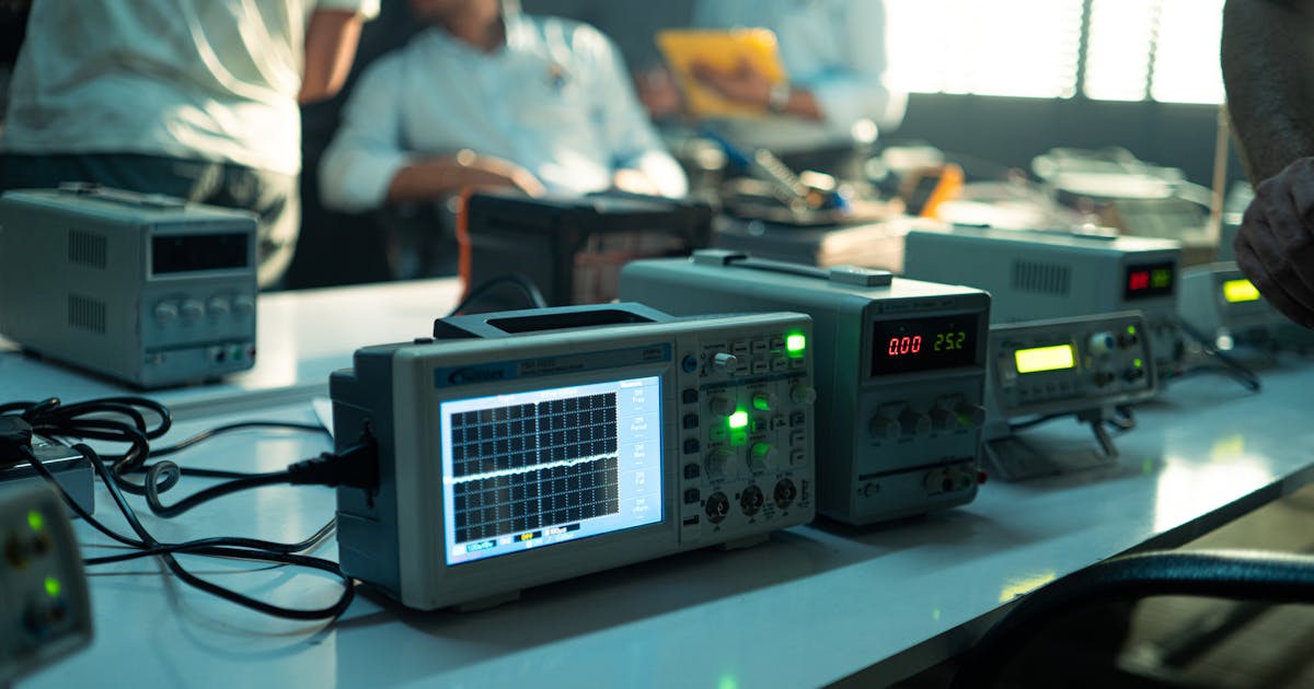 Ingenieurs testant des equipements avec des oscilloscopes dans un laboratoire electronique