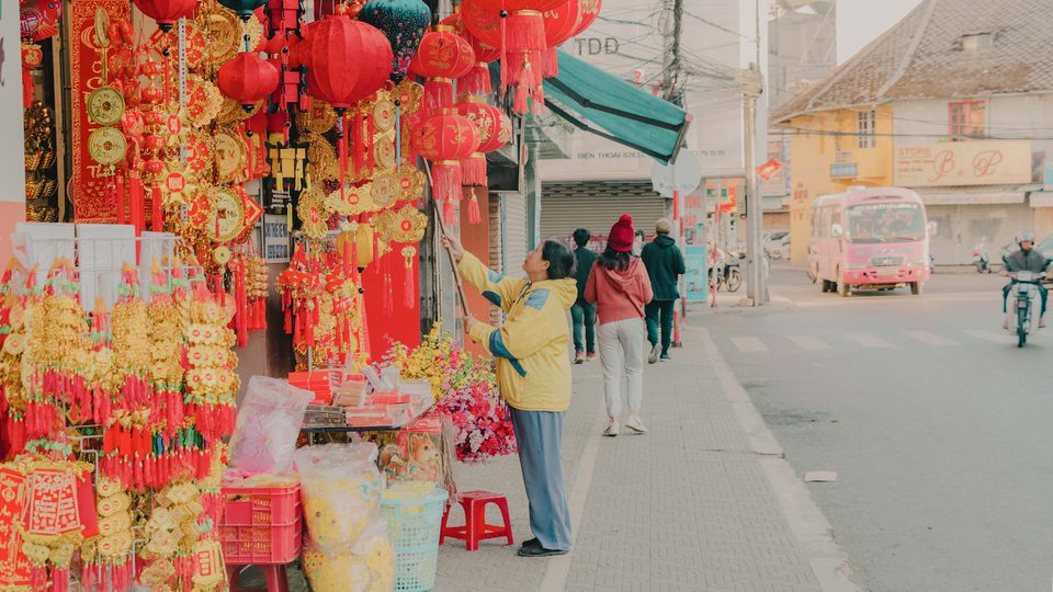 Red lanterns for a Spring Festival holiday notice.
